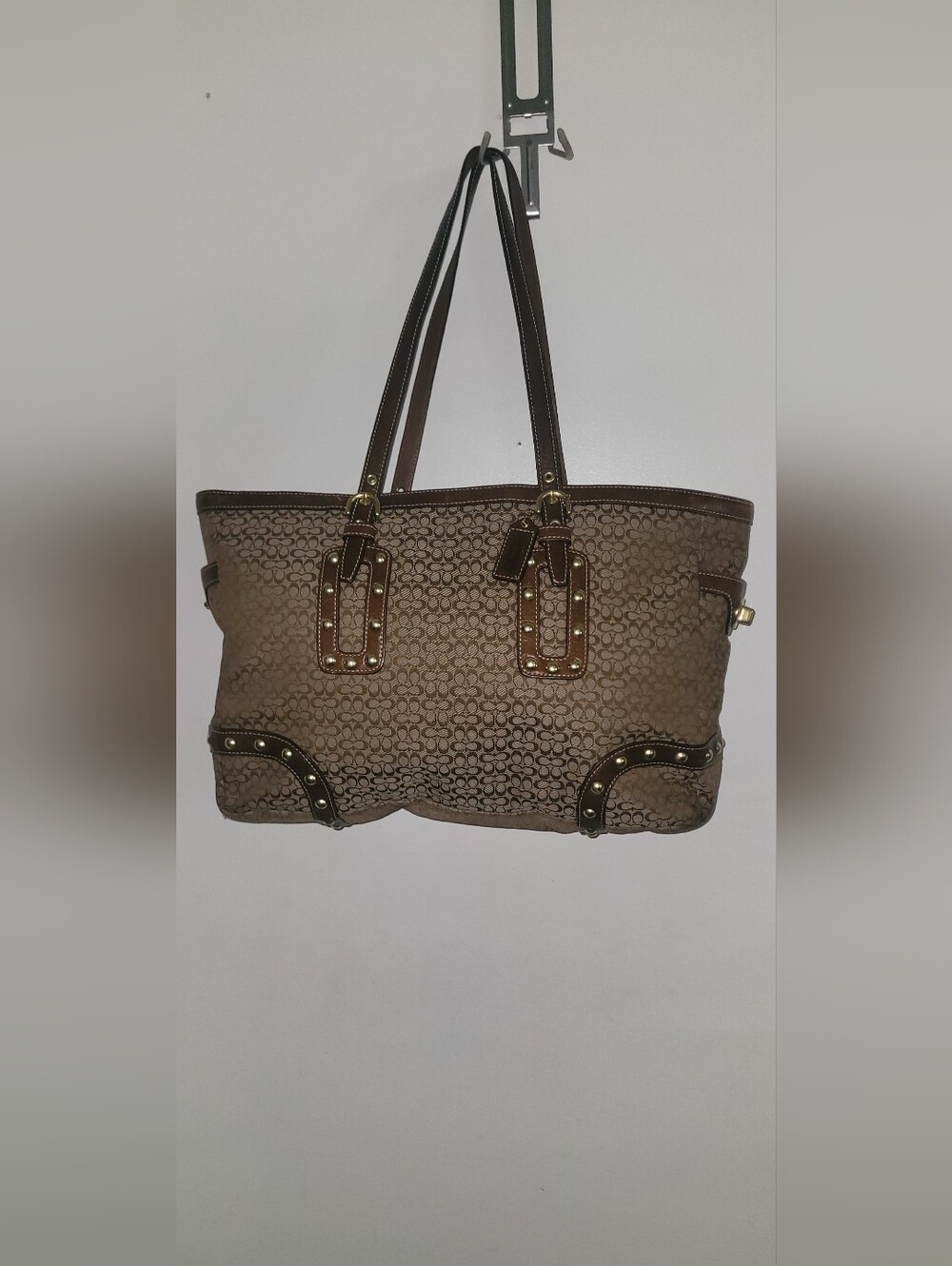 Coach Soho Khaki Signature C Studded Leather Lg Gallery Tote Bag Purse Rare - Picture 9 of 16